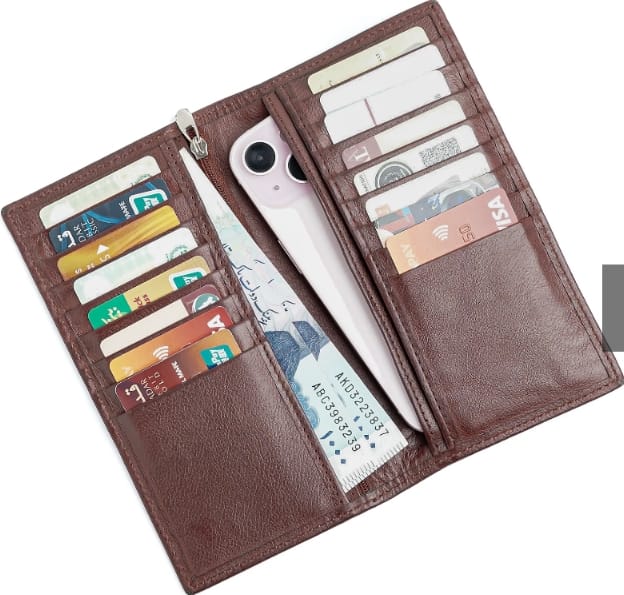 The Marshal Long Wallet open, showing five card slots and a phone pocket